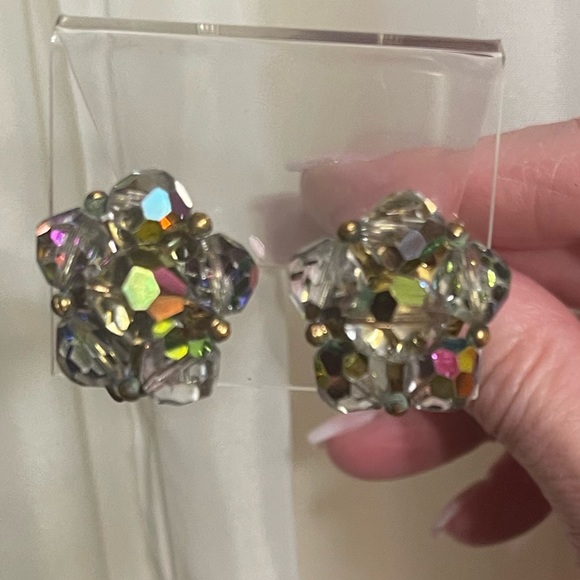 Vintage Art Deco AB Crystal Clip On Earrings - Picture 1 of 9